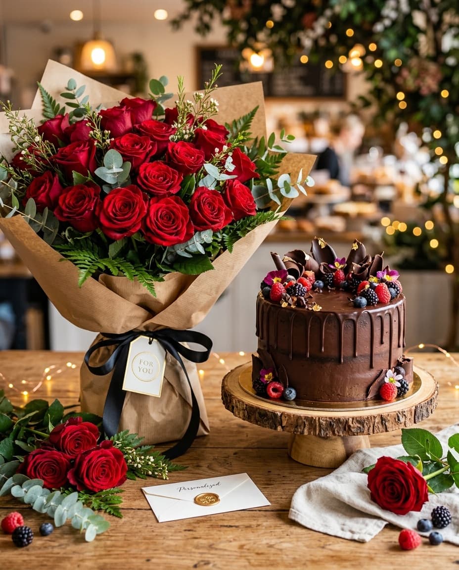 12 Dutch Red Roses and Belgian Truffle Cake Celebration Combo